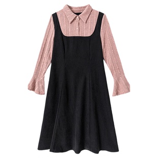 2026新款法式A字裙假两件Polo领显瘦大码胖MM针织磨毛长袖连衣裙