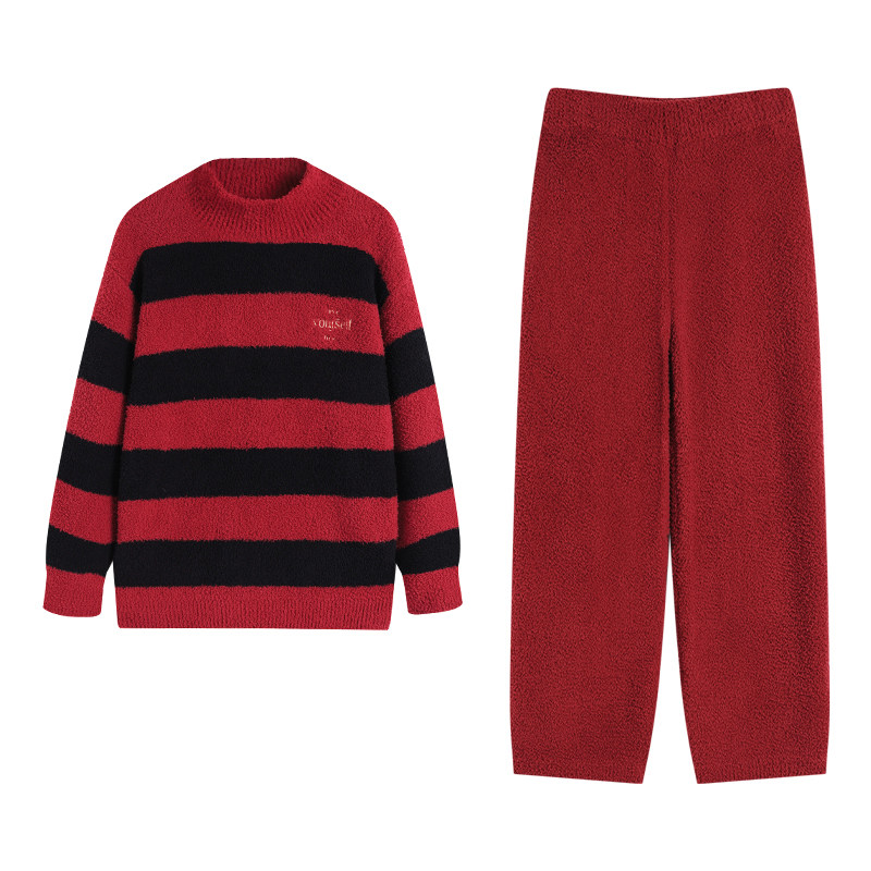 秋冬季半边绒条纹情侣家居服套装