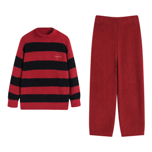 秋冬季半边绒条纹情侣家居服套装