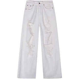 落落狷介白色破洞直筒牛仔裤女2024年新款设计感小众破洞裤小个子