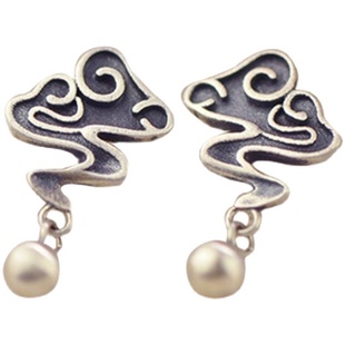 S925银耳钉女款复古做旧工艺个性祥云耳饰文艺小球古装汉服耳坠