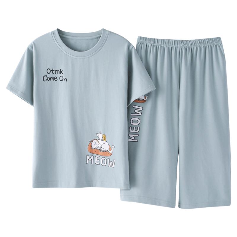 100%纯棉睡衣女夏季短袖七分睡衣/家居服套装