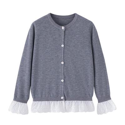 Little Naive女童羊毛开衫春季款蕾丝花边针织衫儿童假两件外套