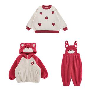 幼悠女童小熊系列加绒加厚连帽毛绒外套芝麻点厚织毛衣多件套潮潮