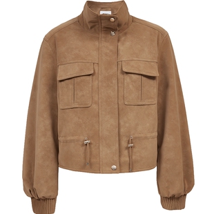 ONLY2026春季新款工装装饰贴袋腰部调节抽绳短款直筒PU夹克外套女