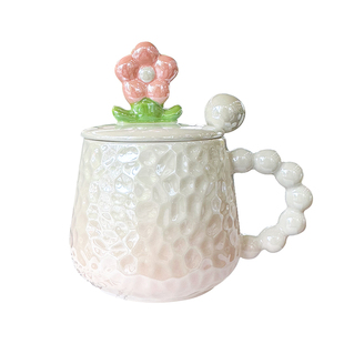 少女花朵陶瓷杯高级感炫彩马克杯带盖勺子家用女生伴手礼物咖啡杯