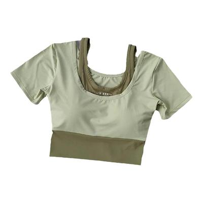 短袖女假两件字母短款瑜伽服