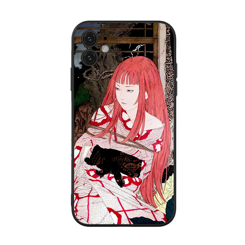 肯日式浮世绘少女猎奇艺术全包手机壳适用iPhone12/13promax液态硅胶钢化玻璃苹果华为荣耀小米