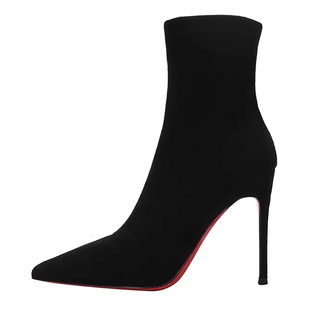 黑色红底短靴女高跟鞋2026秋冬新款细跟尖头弹力瘦瘦靴绒面袜靴女
