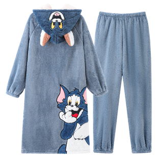 睡衣男士冬季珊瑚绒长款睡袍浴袍套装秋冬款天加厚加绒保暖家居服