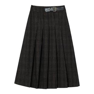 Dotdrobe多着 羊毛混纺百褶半身裙春季皮扣腰学院风A字裙-咖格