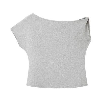 三福短袖T恤女2026新款夏季气质不规则袖子斜领露肩时尚上衣女装