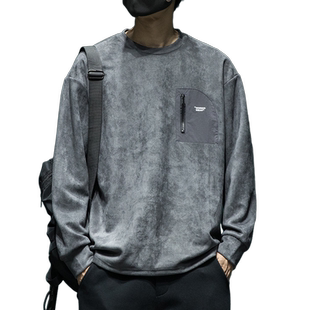 370g重磅麂皮绒长袖T恤男新款日系复古上衣宽松大码圆领打底衫潮