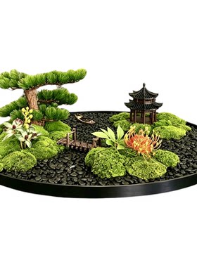 中式禅意餐桌花艺永生苔藓圆桌盆景高档酒店会所装饰绿植景观摆件
