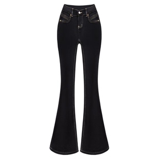 百搭休闲丰胯超模低腰修身裤棕色线黑色紧身微喇叭牛仔裤女 7015