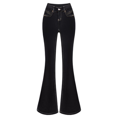 百搭休闲丰胯超模低腰修身裤棕色线黑色紧身微喇叭牛仔裤女 7015