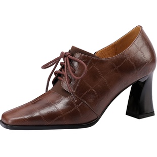 2025春季新款粗跟方头法式高跟鞋系带深口单鞋舒适小皮鞋真皮女鞋