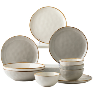 巷子尾〖超赞！8件套餐具〗复古水纹饭碗西餐盘陶瓷碗盘套装送礼