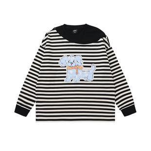 LAMLICKA小狗黑白条纹套头圆领卫衣男春秋设计感撞色宽松长袖上衣