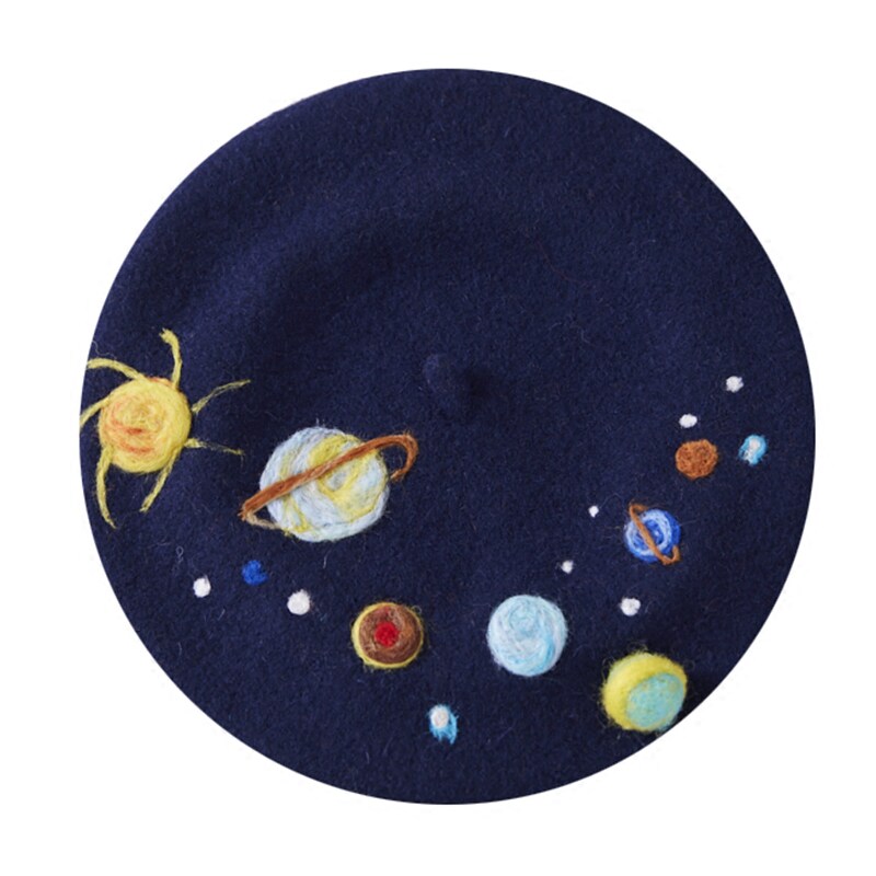原创戳戳乐羊毛毡日系百搭星球贝雷帽秋冬女款ins风画家帽藏青色