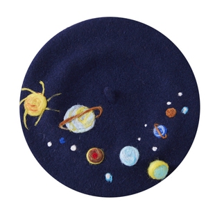 原创戳戳乐羊毛毡日系百搭星球贝雷帽秋冬女款ins风画家帽藏青色