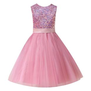 女童钢琴演出服主持人比赛小女孩花童公主裙粉色亮片短款新蓬蓬裙