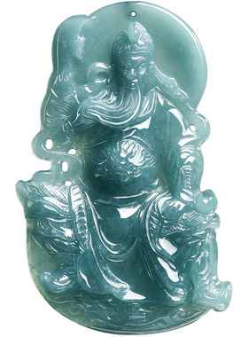 天然A货翡翠蓝水关公武财神吊坠
