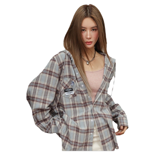 CLOUDSEASON连帽复古格子衬衫外套女2026初春新款小个子休闲上衣