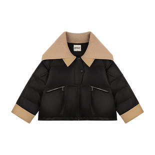 Amybaby女童外套冬季2025新款黑色翻领洋气短款棉服棉衣外套