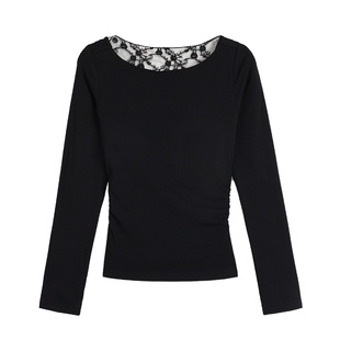 pusumede 蕾丝镂空露背长袖t恤女带胸垫一字船领设计感气质上衣