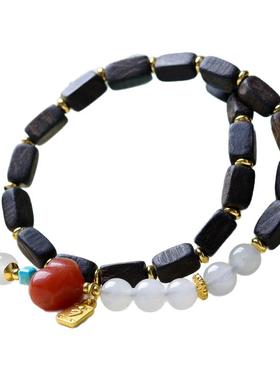 复古高级感达拉干沉香木搭配天山翠文玩两圈手串南红玛瑙屁桃手链