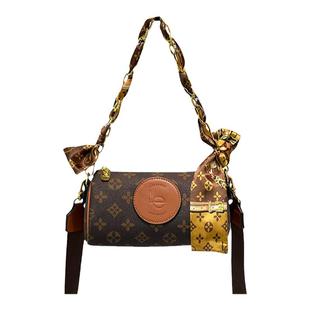 路易Le正品真皮女包圆筒笔筒包小圆包时尚复古老花腋下链条斜挎包