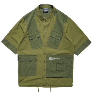 LNBR军绿色衬衫男短袖大原创拼色漫画机能作战服战术衬衫oversize