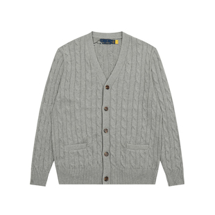 保罗秋冬款RL高级感老钱风绞花针织衫开衫刺绣纯棉麻花毛衣外套男