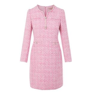 LIME莱茵年早春新款粗花呢连衣裙亮粉色收腰A摆小香风优雅裙子