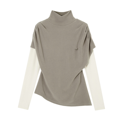 ACMEAURA高级感长袖打底衫女秋冬褶皱不规则拼接假两件堆堆领上衣