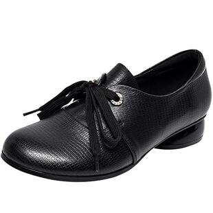 2026新款春款女鞋圆头系带平底单鞋黑色复古英伦风真皮小皮鞋春秋