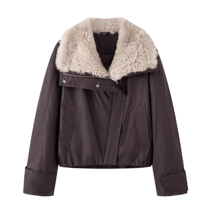 艾诺丝国内代购2025冬新款翻领大毛领短款长袖羽绒服外套AR004163