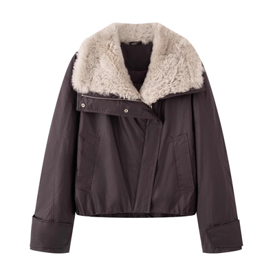 艾诺丝国内代购2025冬新款翻领大毛领短款长袖羽绒服外套AR004163