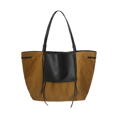 SecondMoon进口棉麻小羊皮大容量双面包简约百搭单肩通勤托特包