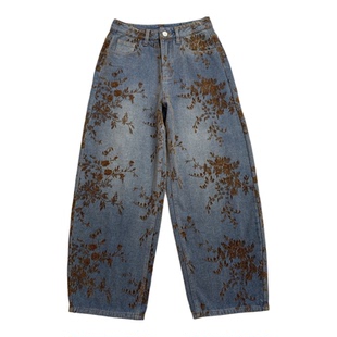 高级复古感新中式植绒提花直筒显瘦小气球裤版型休闲阔腿牛仔裤女