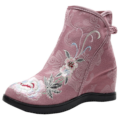 靴子女新中式秋冬款加绒短靴汉服鞋配旗袍的内增高拉链高跟鞋布靴