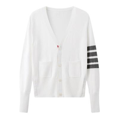 2025春秋V领针织毛衣外套女tb开衫四条杠羊毛衫修身上衣外搭白色