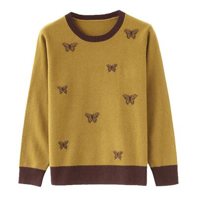 恒源祥100%羊毛衫女圆领毛衣秋冬新款品牌宽松妈妈针织打底衫上衣