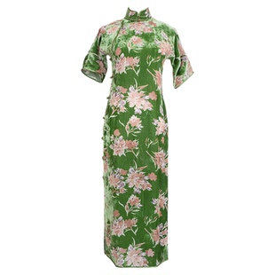王逆天·如梦令【真丝烂花绡】绿色真丝丝绒单层中长款平裁旗袍