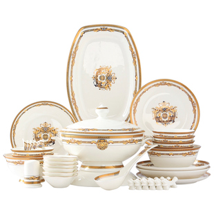 唐山骨瓷餐具套装碗碟组合6人家用欧式轻奢36头成套碗盘乔迁送礼