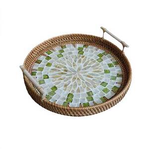 藤编贝壳圆盘深海彩贝提耳托盘双耳美食水果盘面包篮创意民宿茶盘