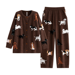 悦内半边绒睡衣女款秋冬季冬天珊瑚绒保暖加绒加厚家居服可外穿狗