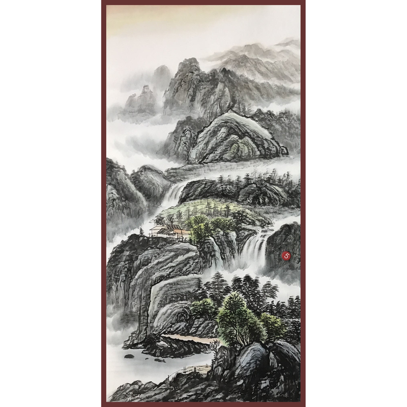 手绘中式水墨国画山石水流房屋风景装饰画靠山玄关挂画客厅装饰画
