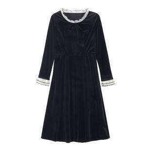 弥古赫本风法式黑色丝绒连衣裙长袖女修身秋冬撞色花边内搭打底裙